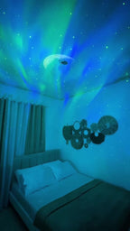 AuroraSky Galaxy Projector casting green and blue aurora light in a bedroom
